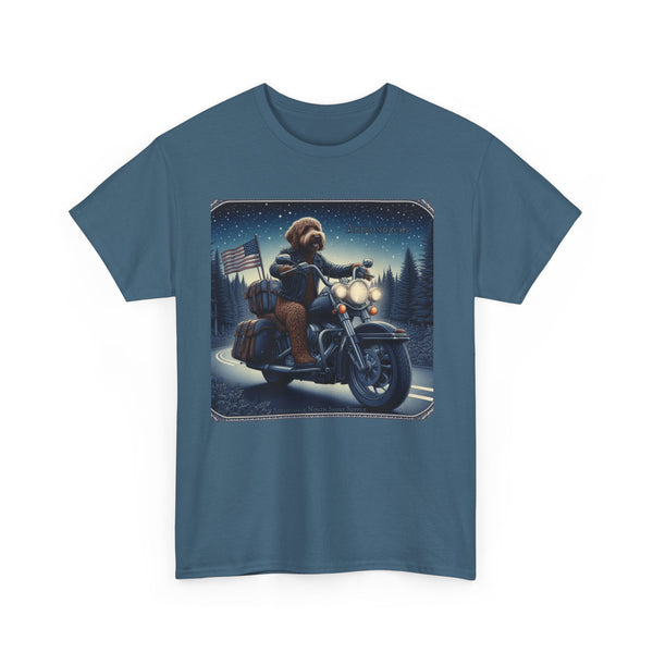 Chocolate Labradoodle Motorcycle Adirondacks Unisex 100% Cotton Tee