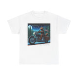 Chocolate Labradoodle Riding Motorcycle Adirondacks Unisex 100% Cotton Tee