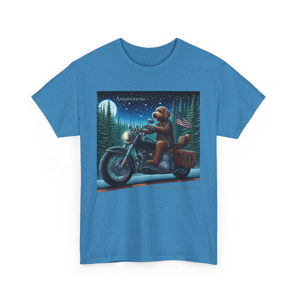 Chocolate Labradoodle Riding Motorcycle Adirondacks Unisex 100% Cotton Tee