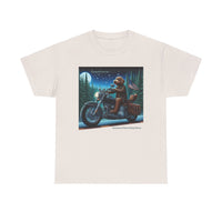 Chocolate Labradoodle Riding Motorcycle Adirondacks Unisex 100% Cotton Tee