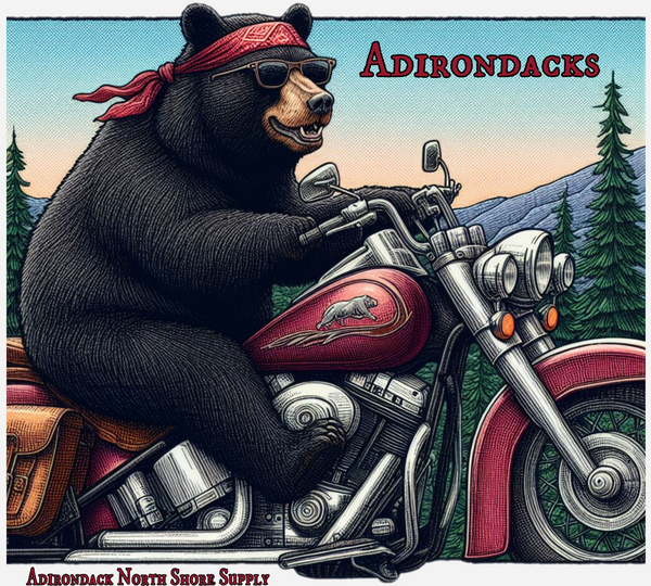 Black Bear Riding Motorcycle Adirondacks Unisex 100% Cotton Tee