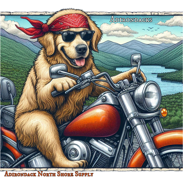 Golden Retriever Motorcycle Lake Adirondacks Unisex 100% Cotton Tee